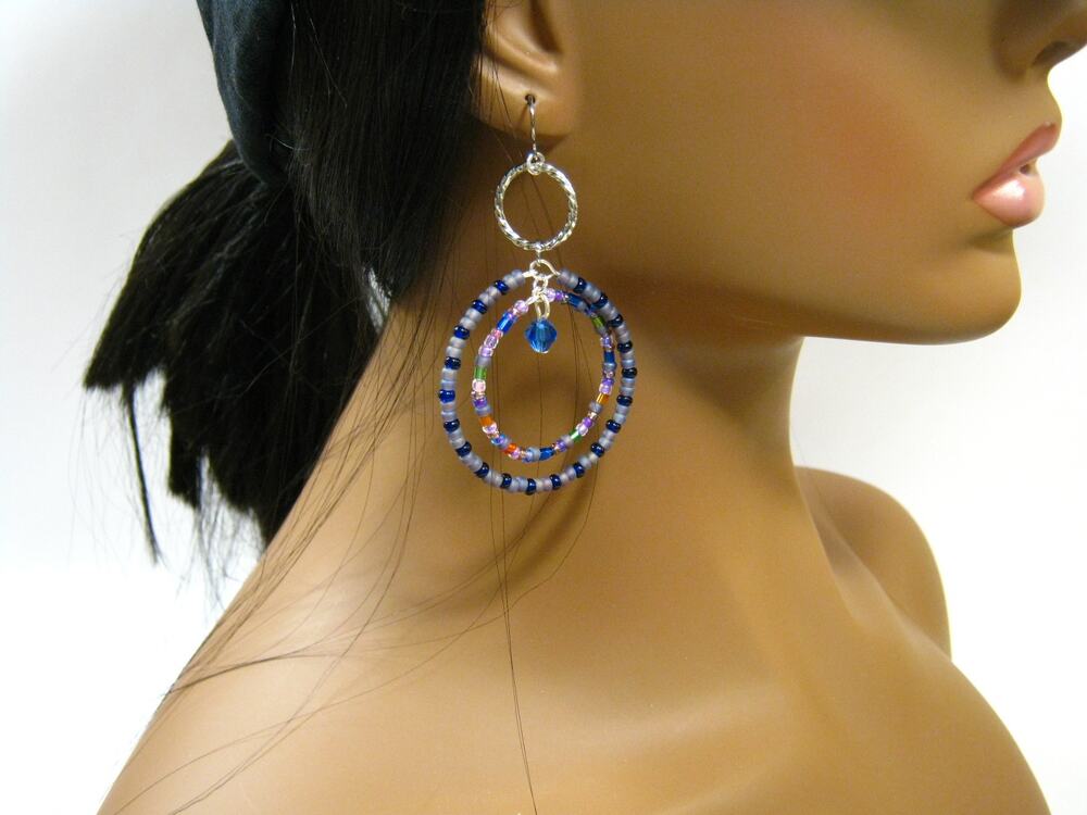 Handcrafted BOHO style Glass Beaded Gray Blue Hoop Earrings 2.5 inch long